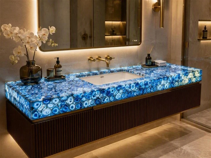 Blue Agate semi-precious stone backlit bathroom vanity top with an undermount sink and dark wood cabinetry in a luxury bathroom