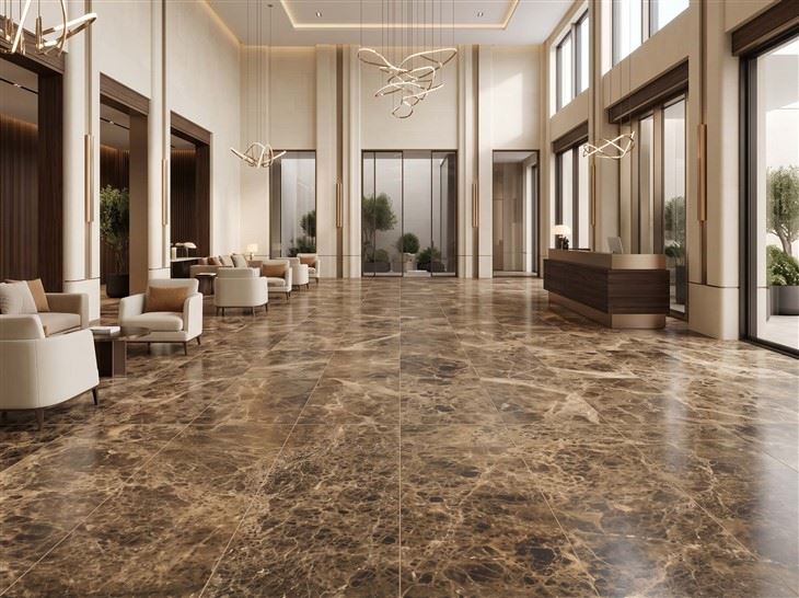 Polished Emperador Dark Marble floor tiles with visible grout joints in a spacious luxury hotel lobby