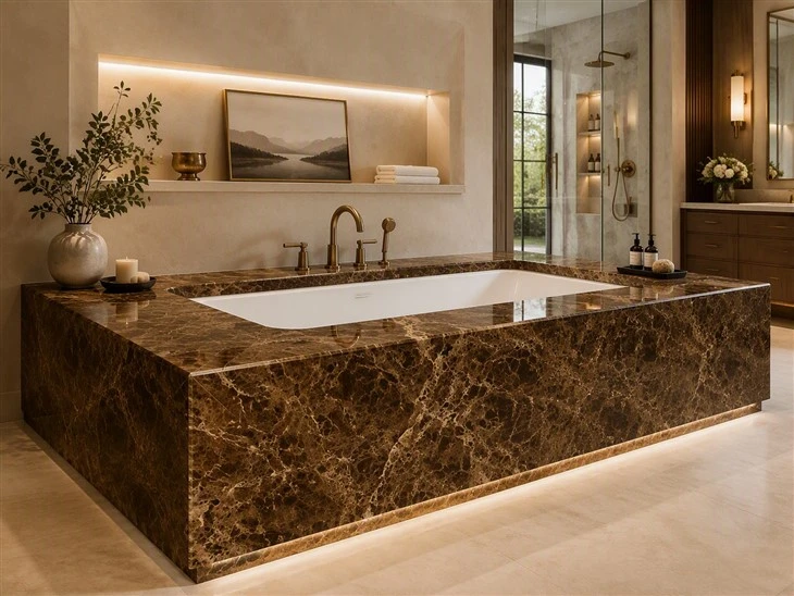 Emperador Dark Marble bathtub deck with polished surfaces and mitered edges in a luxury primary bathroom