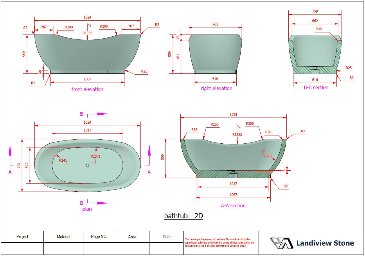 Detailed stone shop drawing for a custom Calacatta Rosa marble bathtub with elevations, plan, sections, and dimensions. Detailed stone shop drawing for a custom Calacatta Rosa marble bathtub with elevations, plan, sections, and dimensions.