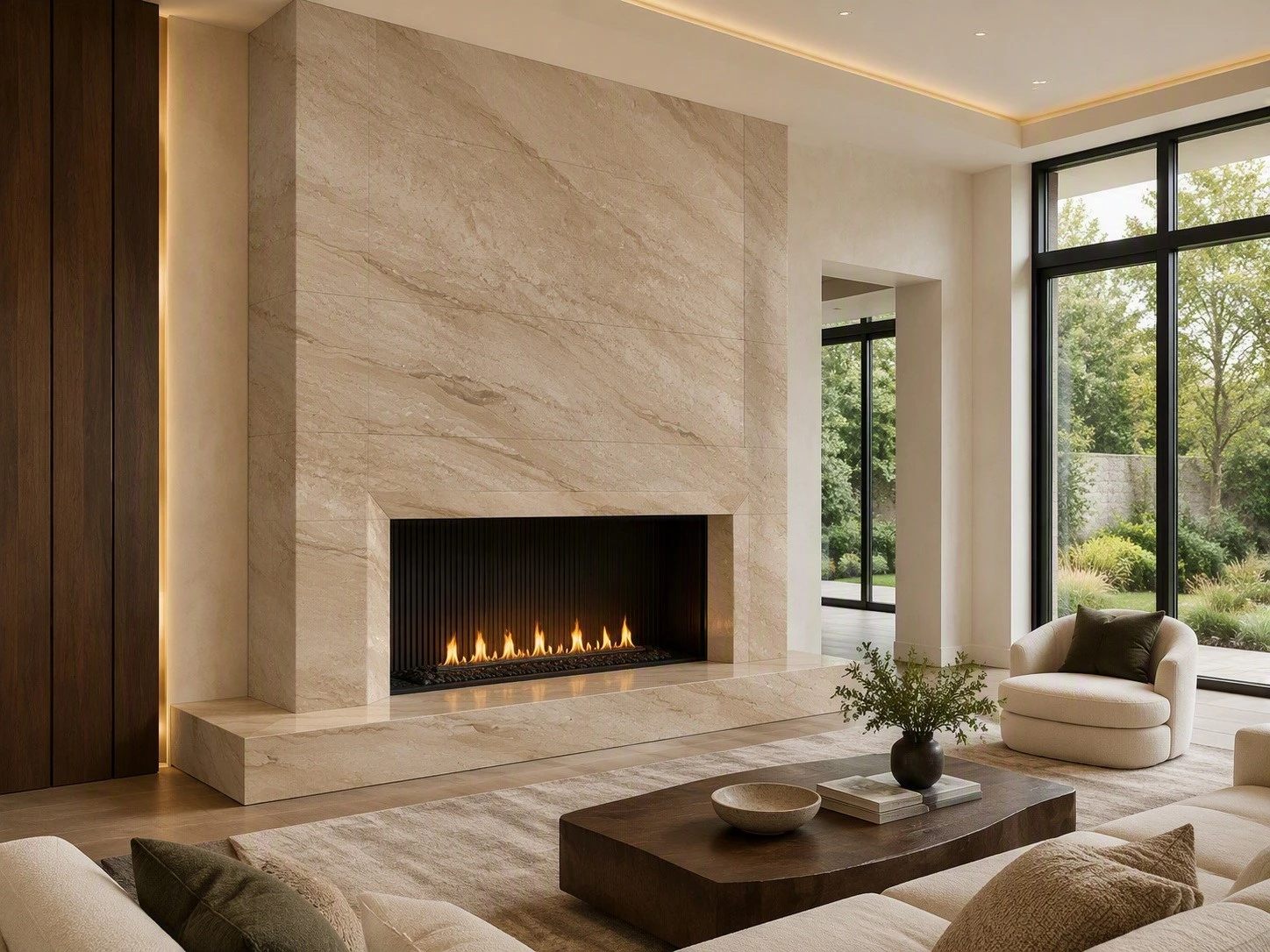 Daino Beige Marble fireplace surround and full-height feature wall in a luxury custom home living room Daino Beige Marble fireplace surround and full-height feature wall in a luxury custom home living room